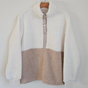 Calvin Klein Sherpa Pullover Colorblock Ivory Taupe Snap Front Size M NWOT